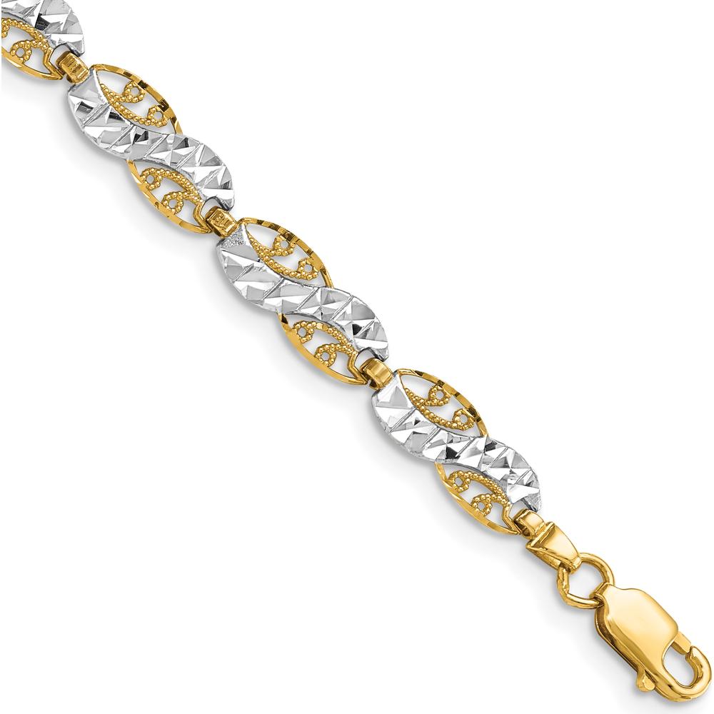 14K Yellow Gold and White Rhodium Diamond-Cut Filigree Link Bracelet - 7.5" Length by Oro Pregiato