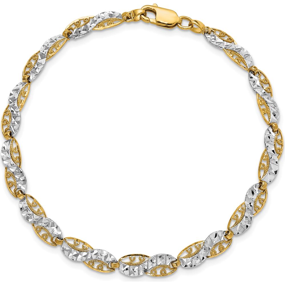14K Yellow Gold and White Rhodium Diamond-Cut Filigree Link Bracelet - 7.5" Length by Oro Pregiato