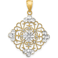 14K Yellow Gold and White Rhodium Diamond-cut Filigree Medallion Charm - 35mm Length by Oro Pregiato