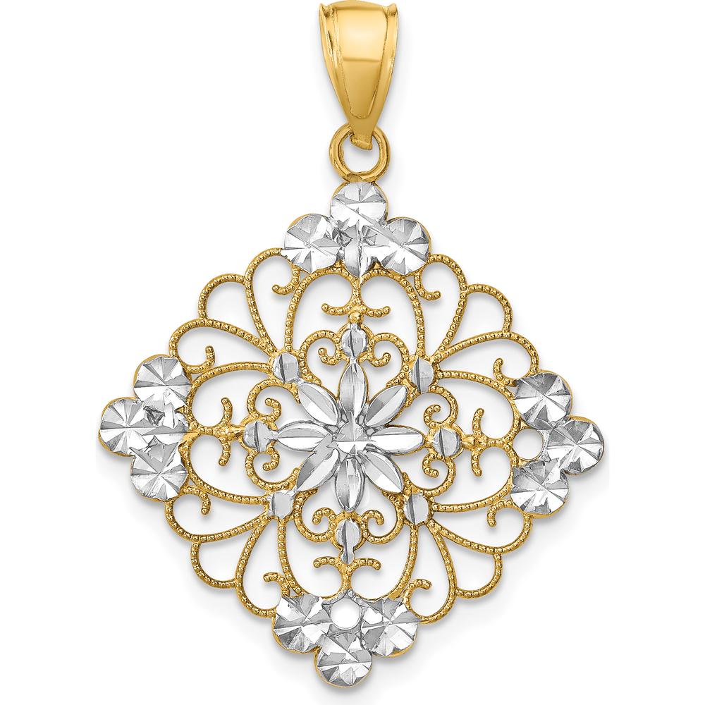 14K Yellow Gold and White Rhodium Diamond-cut Filigree Medallion Charm - 35mm Length by Oro Pregiato