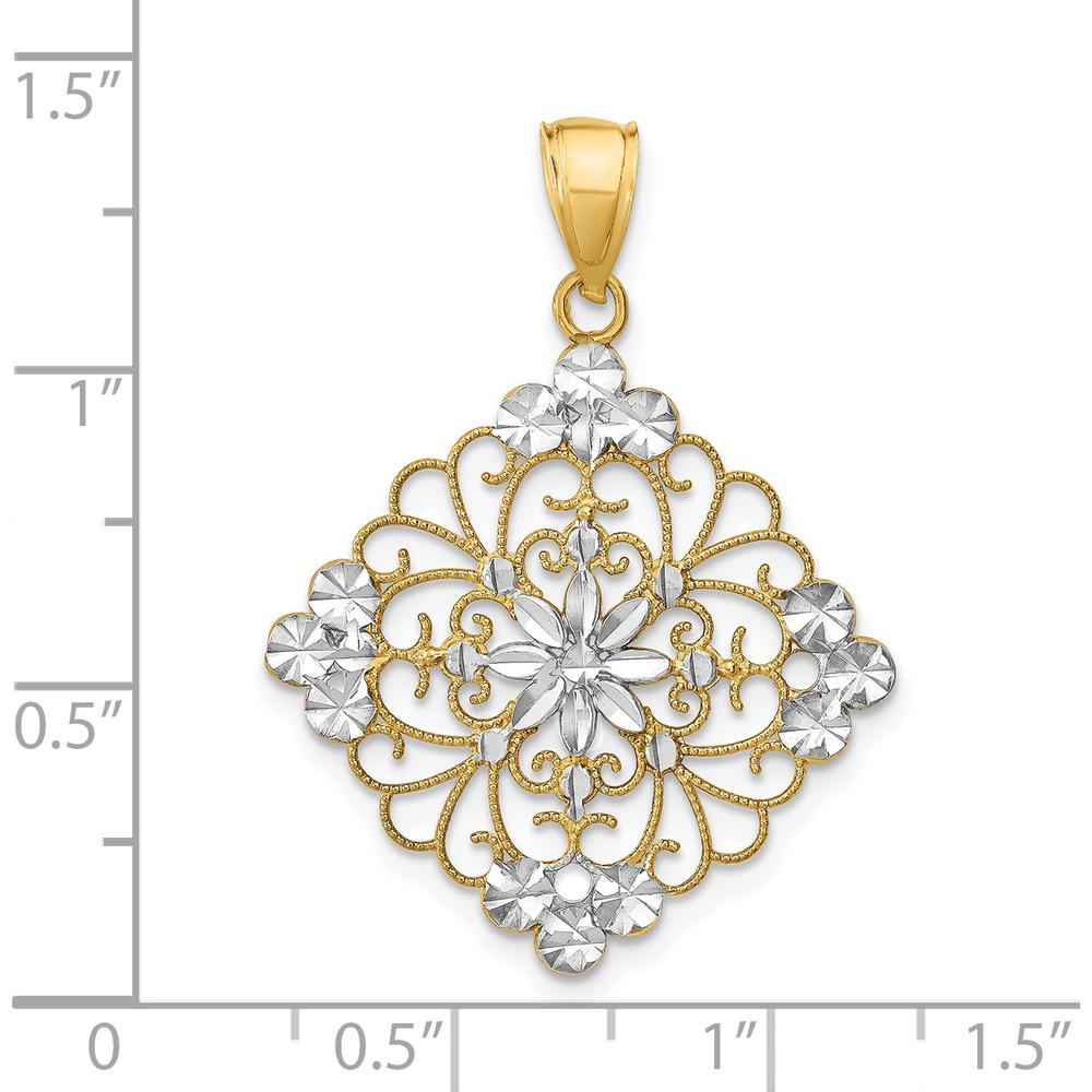 14K Yellow Gold and White Rhodium Diamond-cut Filigree Medallion Charm - 35mm Length by Oro Pregiato
