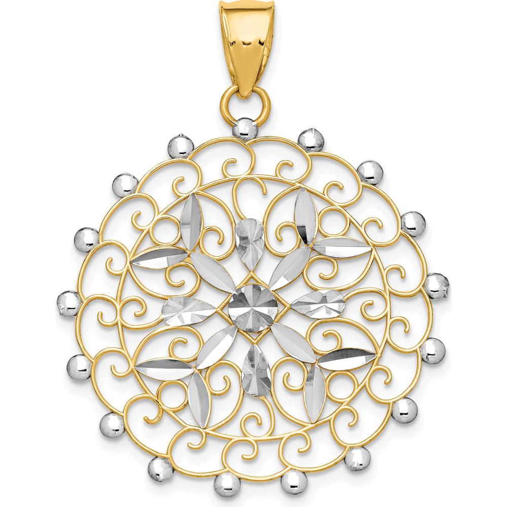 14K Yellow Gold and White Rhodium Diamond-cut Filigree Pendant - 43mm Length, 32mm Width by Oro Pregiato
