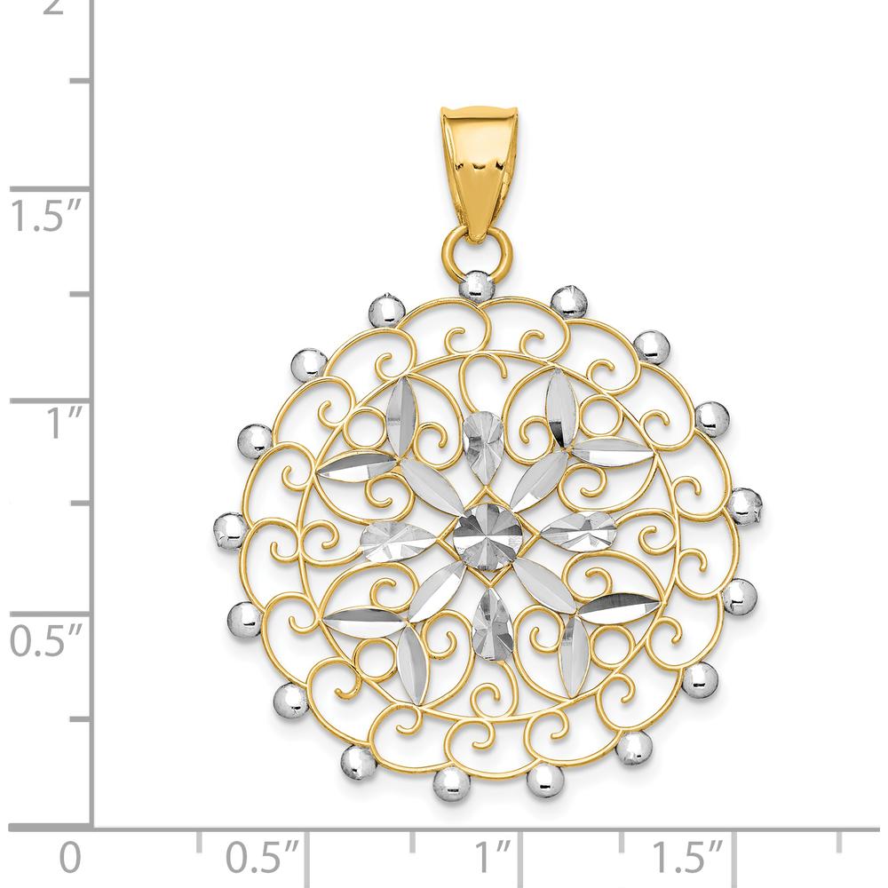 14K Yellow Gold and White Rhodium Diamond-cut Filigree Pendant - 43mm Length, 32mm Width by Oro Pregiato