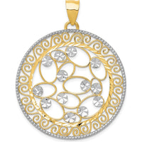 14K Yellow Gold and White Rhodium Diamond-Cut Filigree Pendant - 48mm Length, 36mm Width by Oro Pregiato
