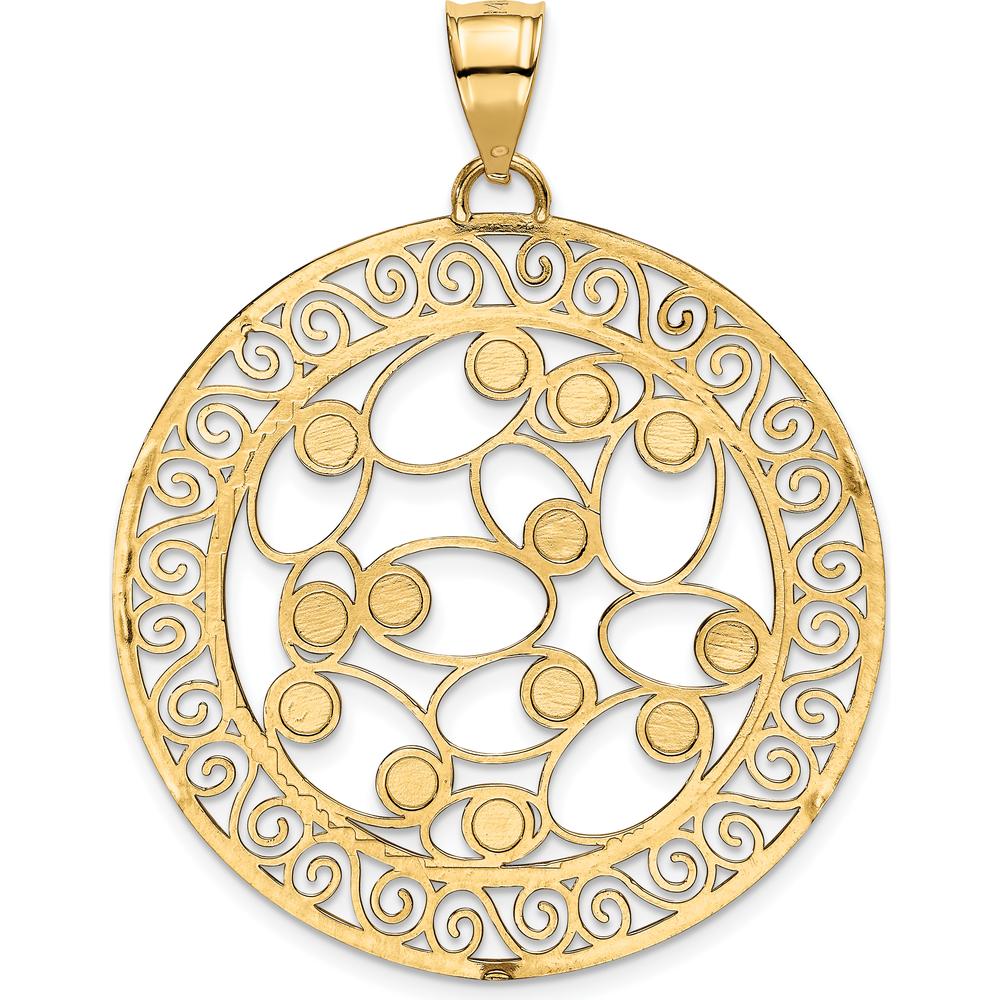 14K Yellow Gold and White Rhodium Diamond-Cut Filigree Pendant - 48mm Length, 36mm Width by Oro Pregiato