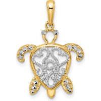 14K Yellow Gold and White Rhodium Diamond-Cut Filigree Turtle Pendant - 25.85mm Length by Oro Pregiato