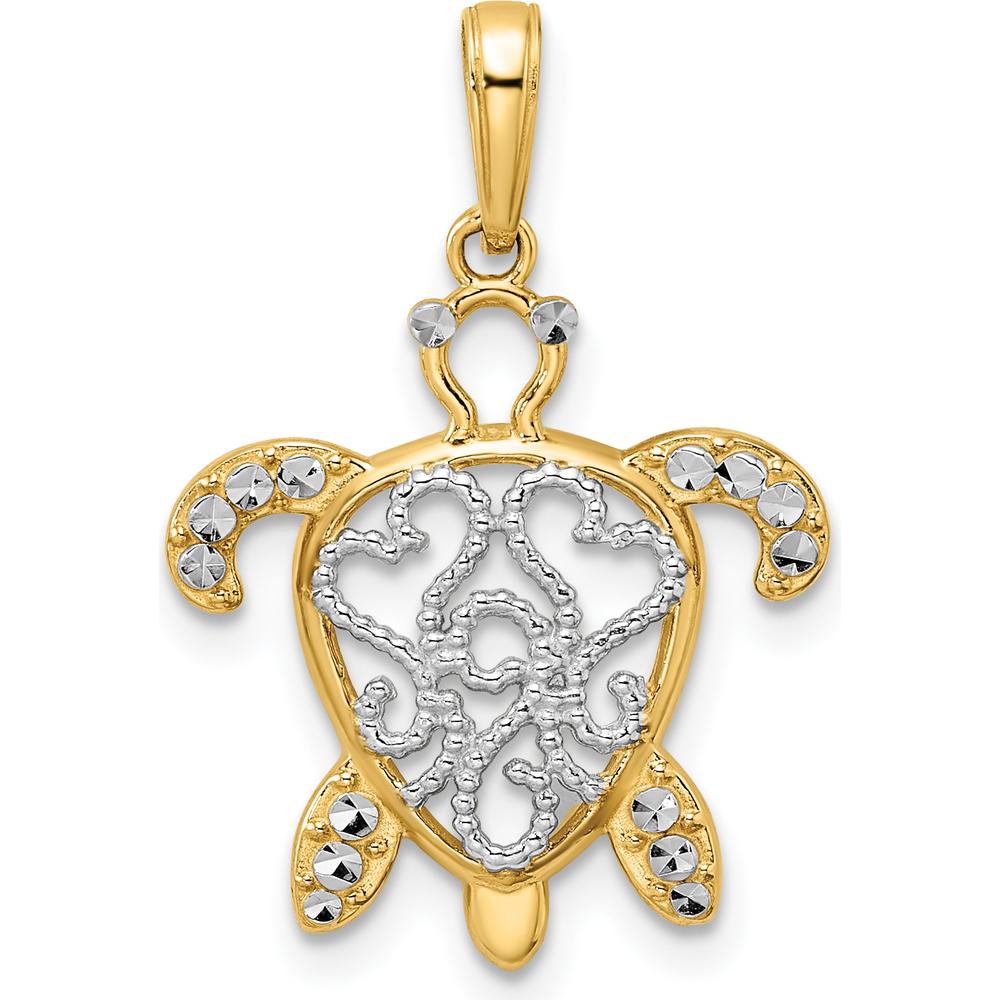 14K Yellow Gold and White Rhodium Diamond-Cut Filigree Turtle Pendant - 25.85mm Length by Oro Pregiato