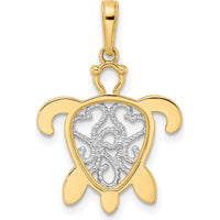 14K Yellow Gold and White Rhodium Diamond-Cut Filigree Turtle Pendant - 25.85mm Length by Oro Pregiato