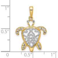 14K Yellow Gold and White Rhodium Diamond-Cut Filigree Turtle Pendant - 25.85mm Length by Oro Pregiato