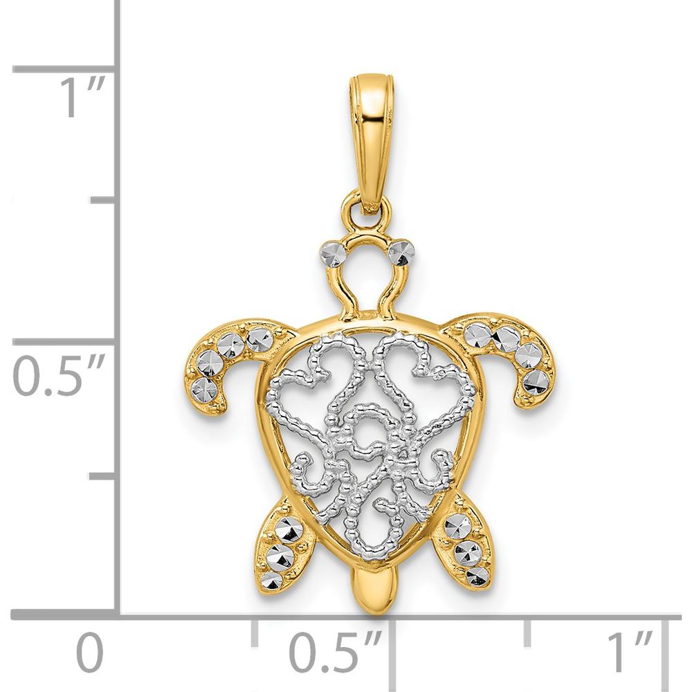14K Yellow Gold and White Rhodium Diamond-Cut Filigree Turtle Pendant - 25.85mm Length by Oro Pregiato