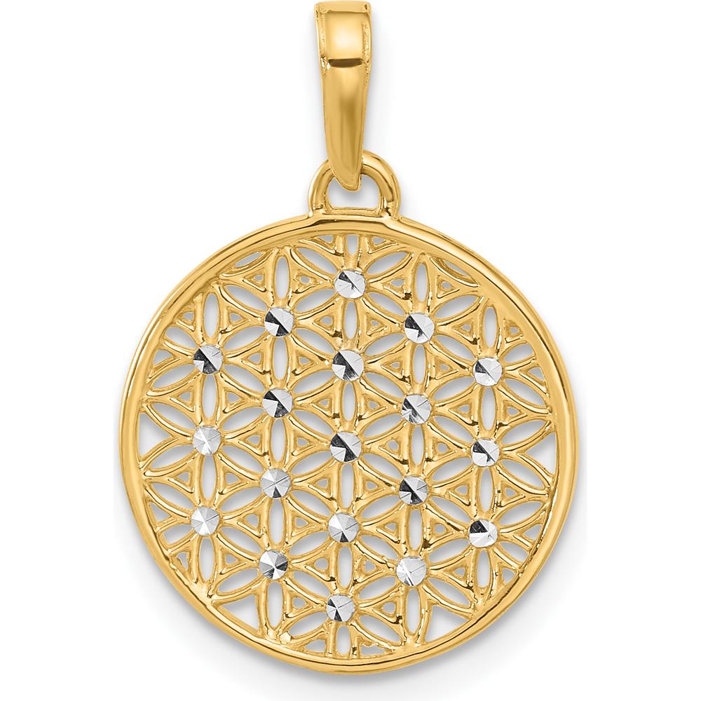 14K Yellow Gold and White Rhodium Diamond-Cut Flower Circle Pendant - 23mm Length by Oro Pregiato