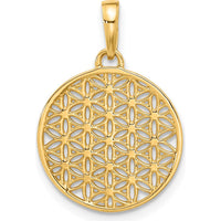 14K Yellow Gold and White Rhodium Diamond-Cut Flower Circle Pendant - 23mm Length by Oro Pregiato