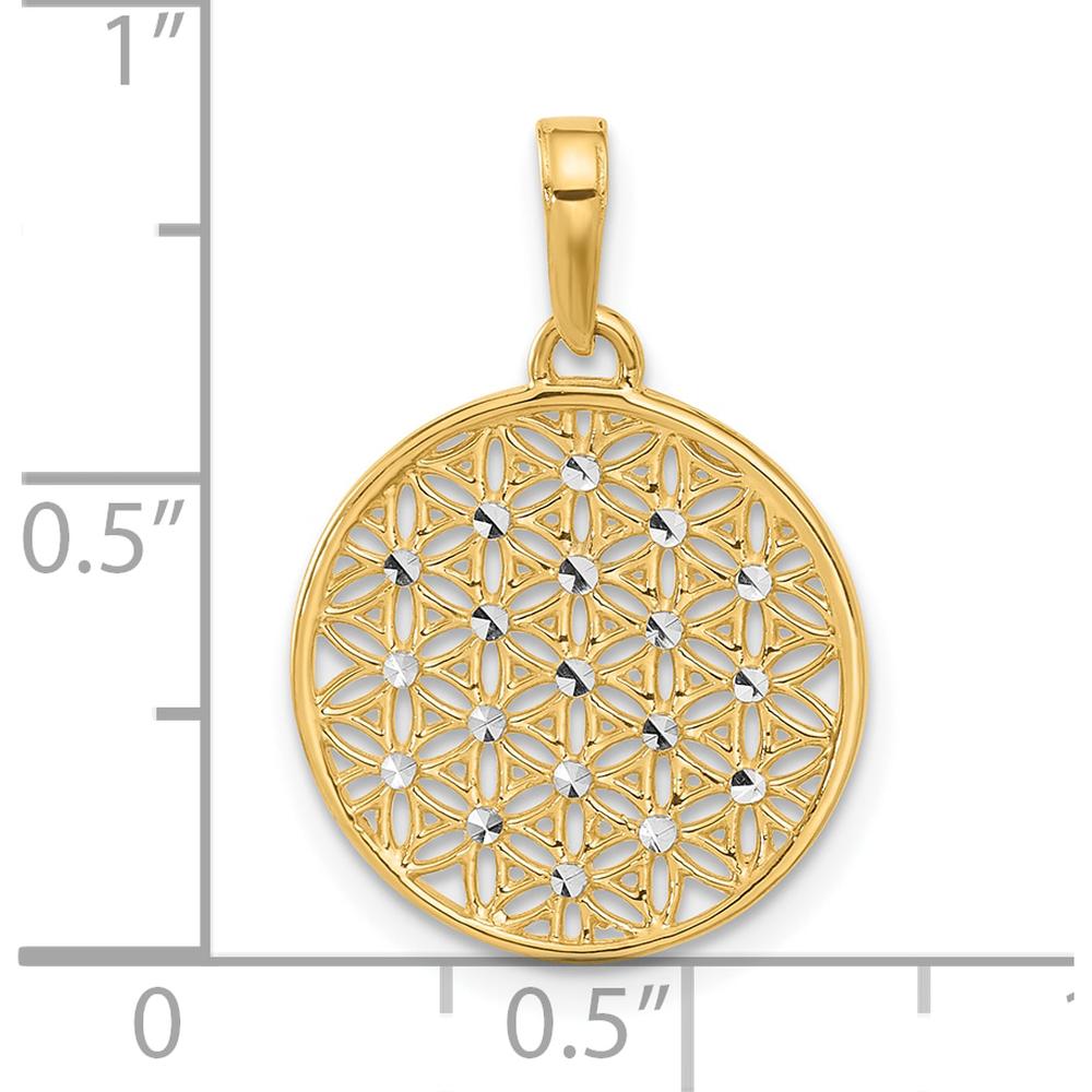 14K Yellow Gold and White Rhodium Diamond-Cut Flower Circle Pendant - 23mm Length by Oro Pregiato