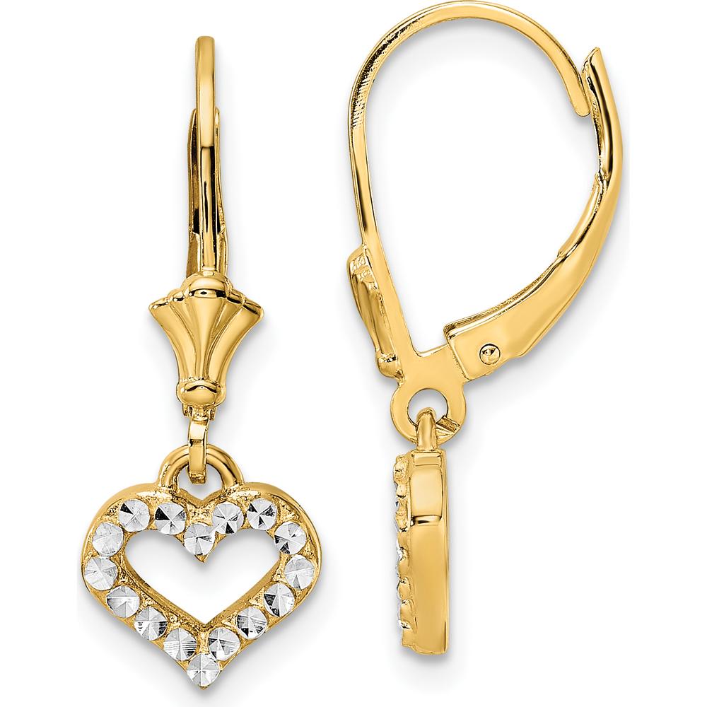 14K Yellow Gold and White Rhodium Diamond-Cut Heart Drop Leverback Earrings - Sparkling Detail by 0