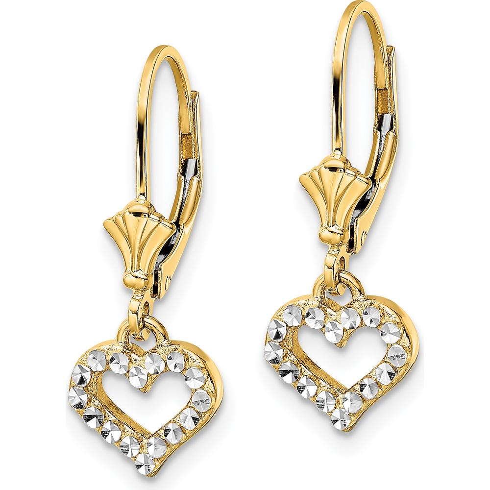 14K Yellow Gold and White Rhodium Diamond-Cut Heart Drop Leverback Earrings - Sparkling Detail by 0