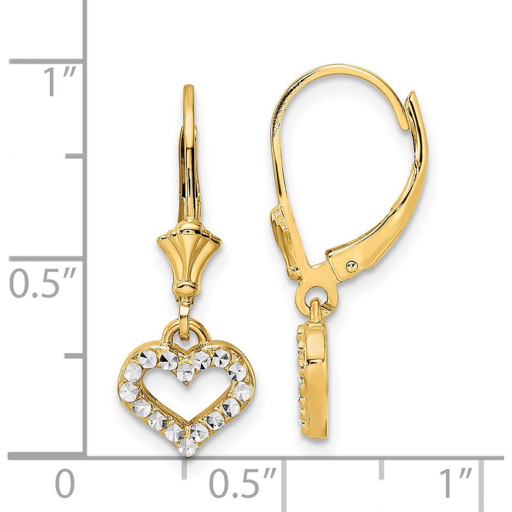 14K Yellow Gold and White Rhodium Diamond-Cut Heart Drop Leverback Earrings - Sparkling Detail by 0