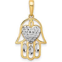 14K Yellow Gold and White Rhodium Diamond-Cut Heart Hamsa Pendant with Marquise Accents by Oro Pregiato