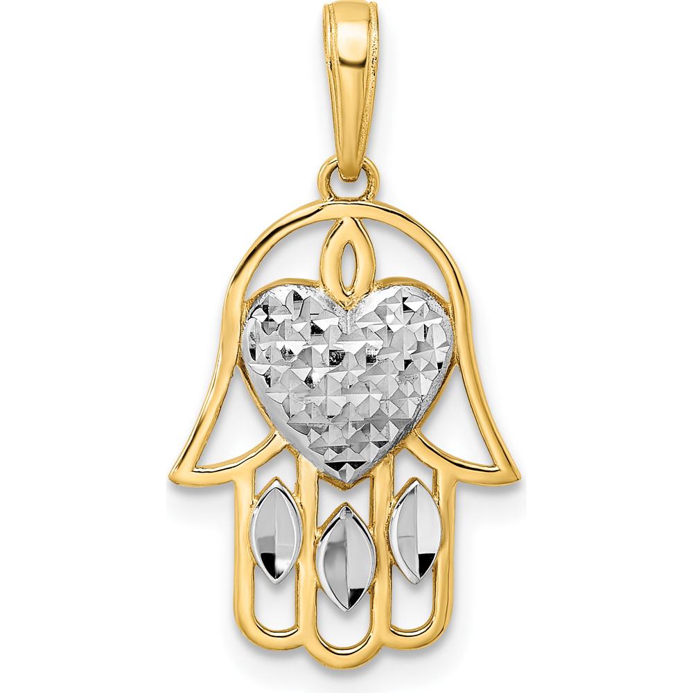 14K Yellow Gold and White Rhodium Diamond-Cut Heart Hamsa Pendant with Marquise Accents by Oro Pregiato