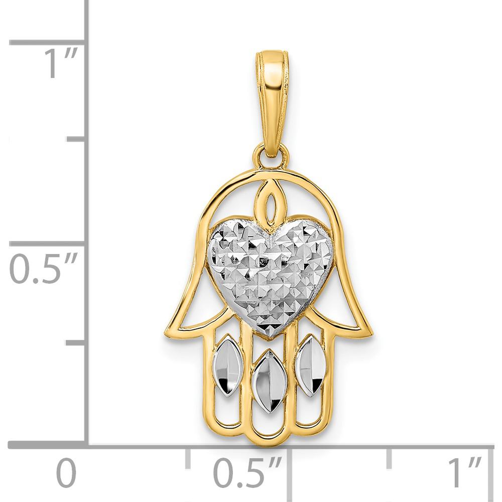 14K Yellow Gold and White Rhodium Diamond-Cut Heart Hamsa Pendant with Marquise Accents by Oro Pregiato