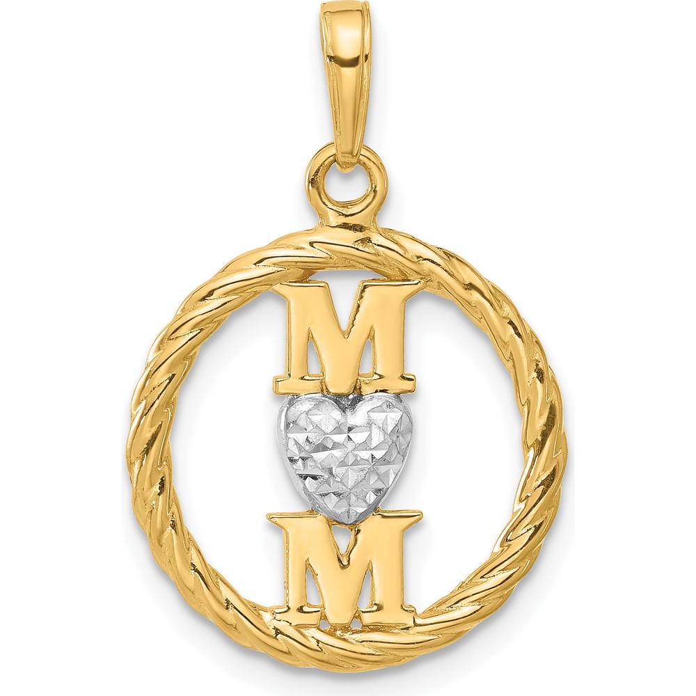 14K Yellow Gold and White Rhodium Diamond-Cut Heart MOM Pendant by Oro Pregiato