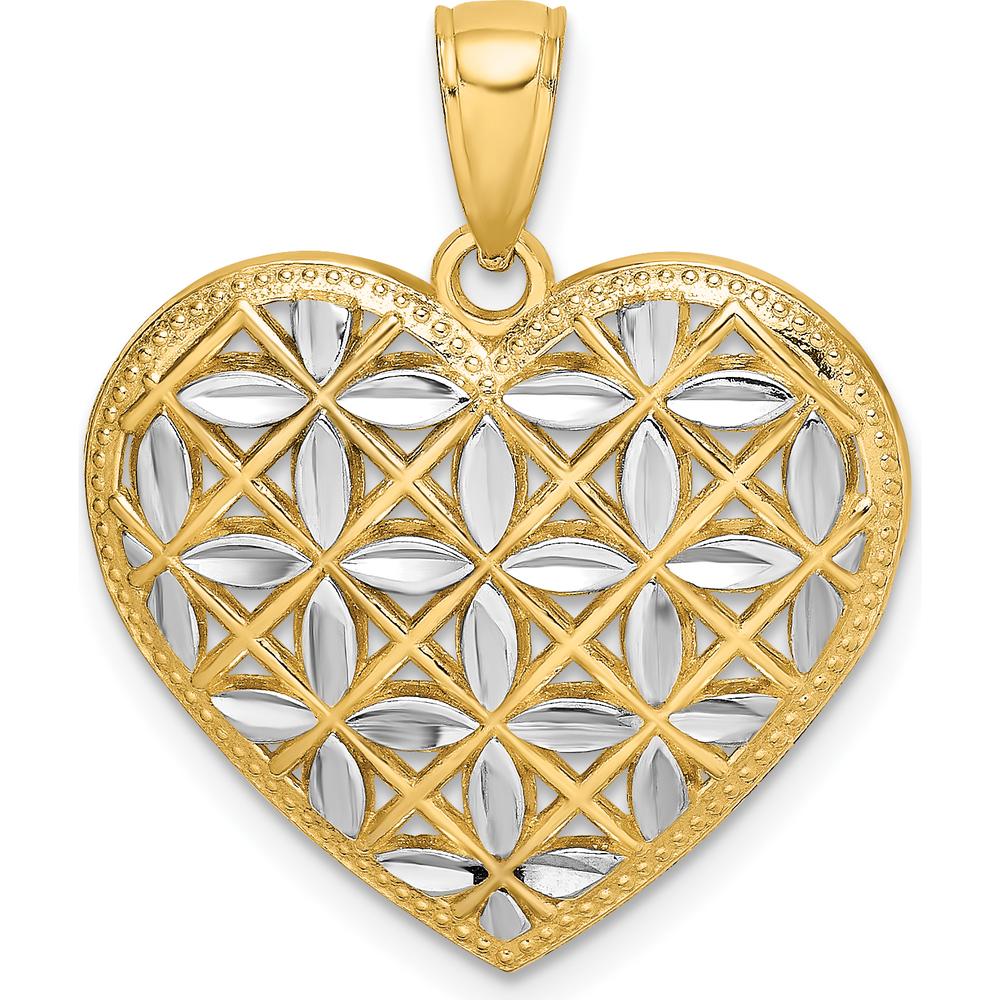 14K Yellow Gold and White Rhodium Diamond-Cut Heart Pendant Charm - 24.7mm Length by Oro Pregiato