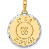 14K Yellow Gold and White Rhodium Diamond-Cut "It's A Boy!" Pendant with Baby Feet Design by Oro Pregiato