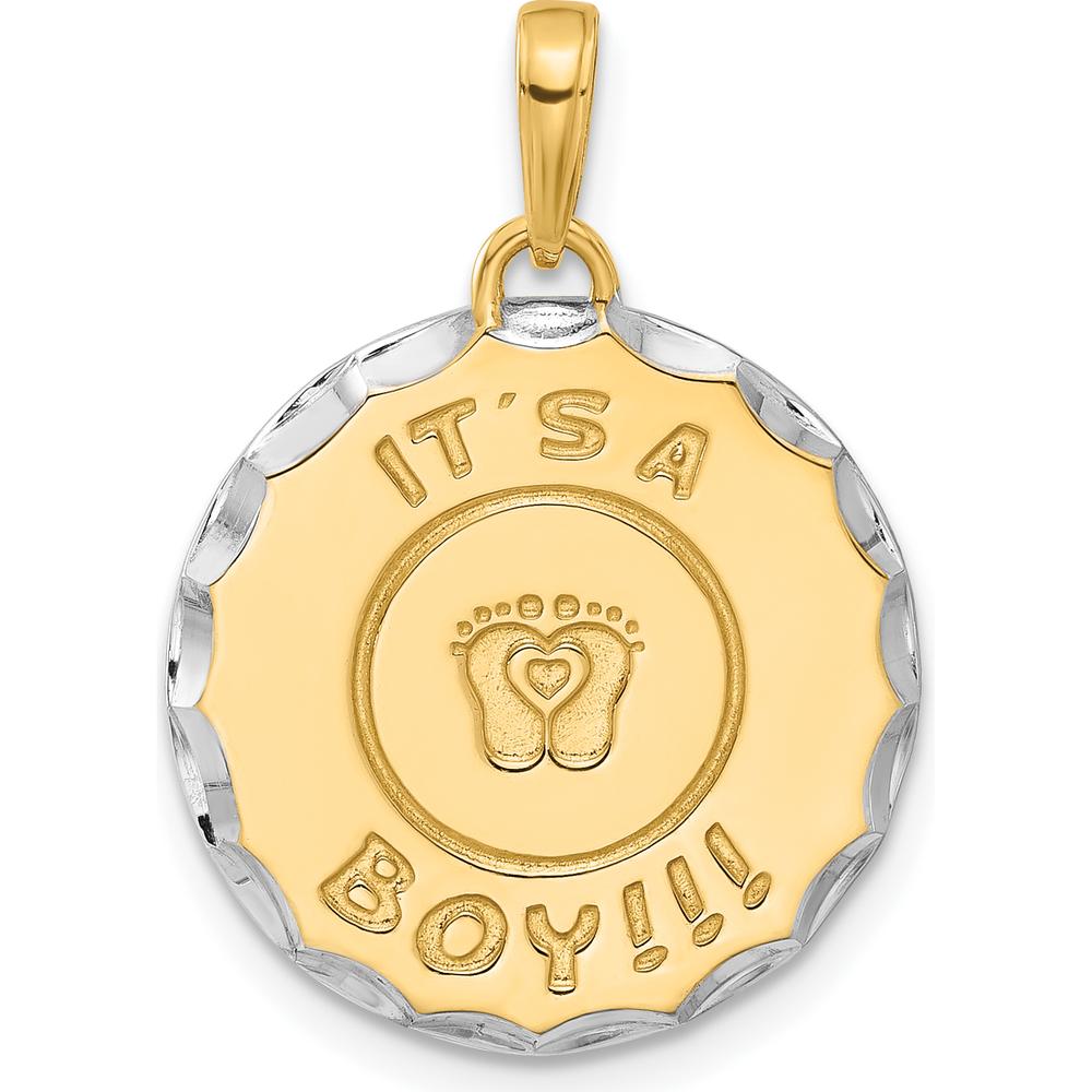 14K Yellow Gold and White Rhodium Diamond-Cut "It's A Boy!" Pendant with Baby Feet Design by Oro Pregiato