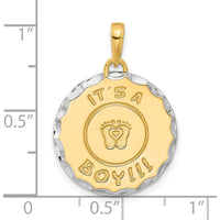 14K Yellow Gold and White Rhodium Diamond-Cut "It's A Boy!" Pendant with Baby Feet Design by Oro Pregiato