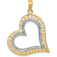 14K Yellow Gold and White Rhodium Diamond-Cut Large Tilted Heart Charm Pendant by Oro Pregiato
