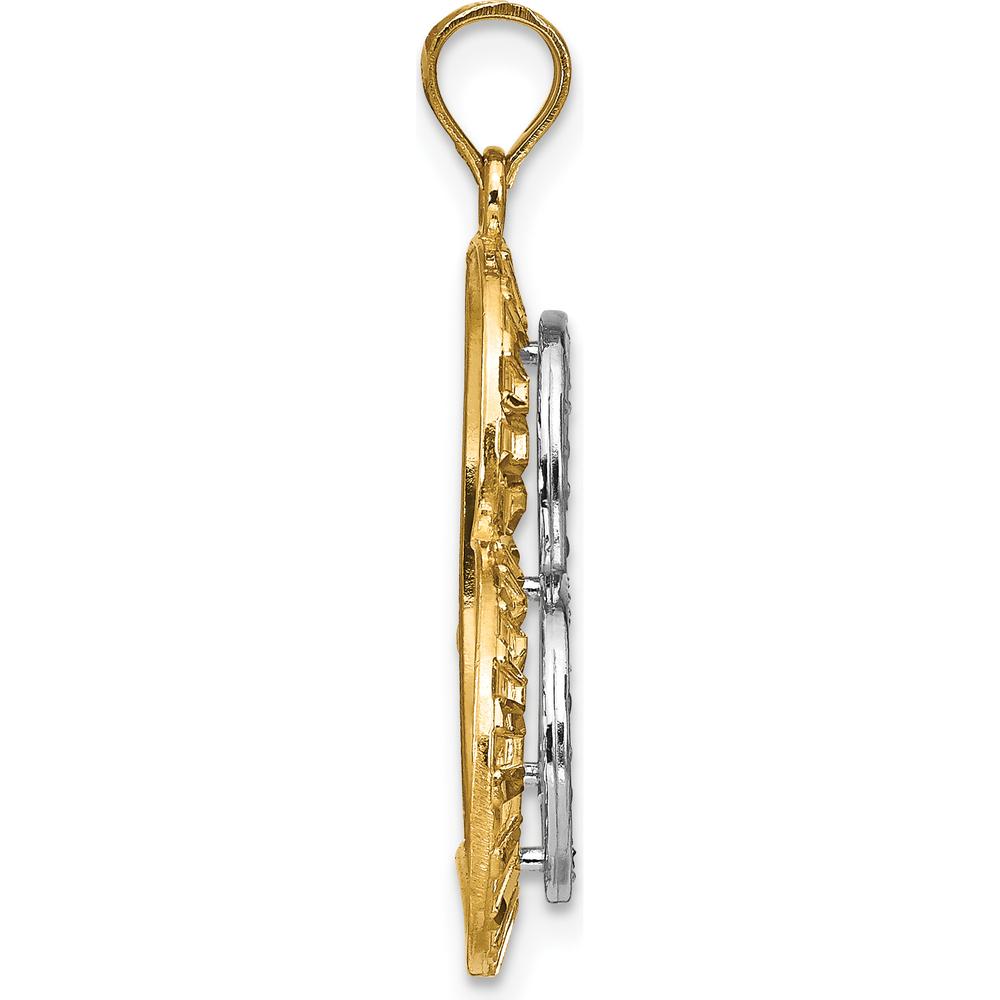 14K Yellow Gold and White Rhodium Diamond-Cut Large Tilted Heart Charm Pendant by Oro Pregiato