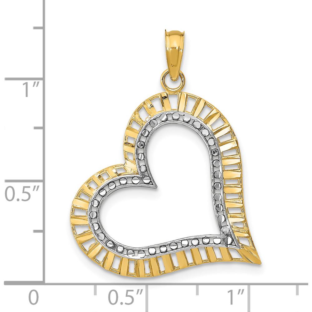14K Yellow Gold and White Rhodium Diamond-Cut Large Tilted Heart Charm Pendant by Oro Pregiato