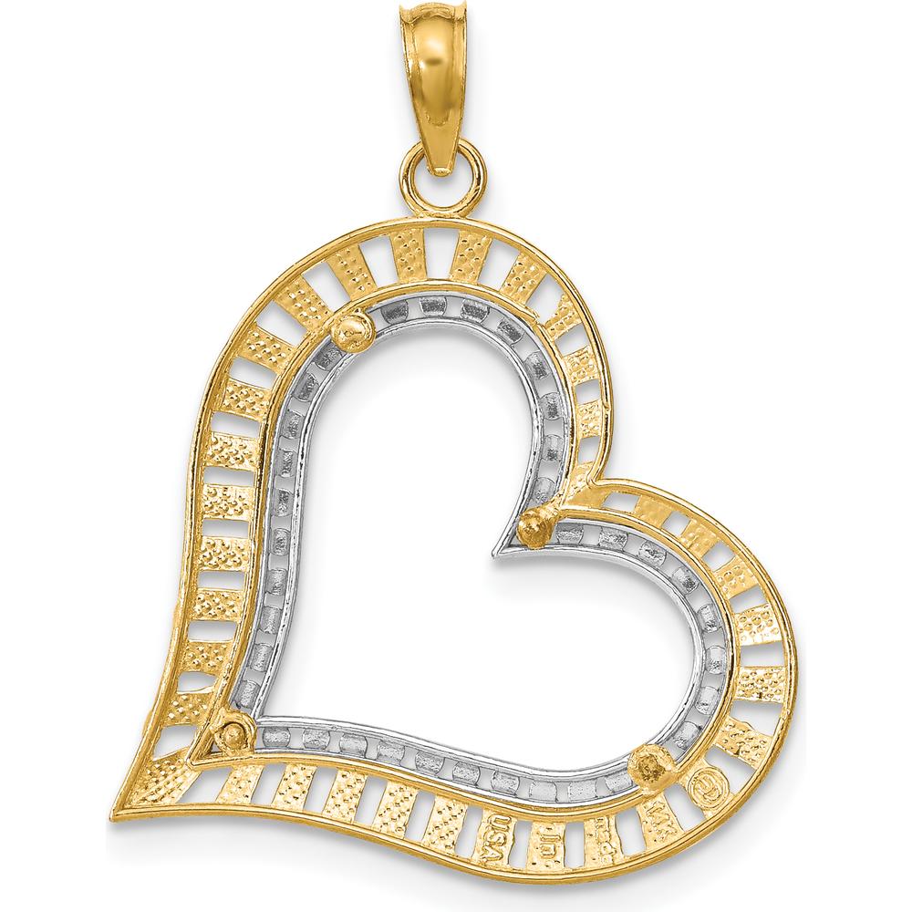 14K Yellow Gold and White Rhodium Diamond-Cut Large Tilted Heart Charm Pendant by Oro Pregiato