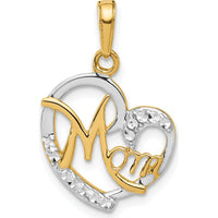 14K Yellow Gold and White Rhodium Diamond-Cut MOM Heart Pendant - 24.9mm Length by Oro Pregiato