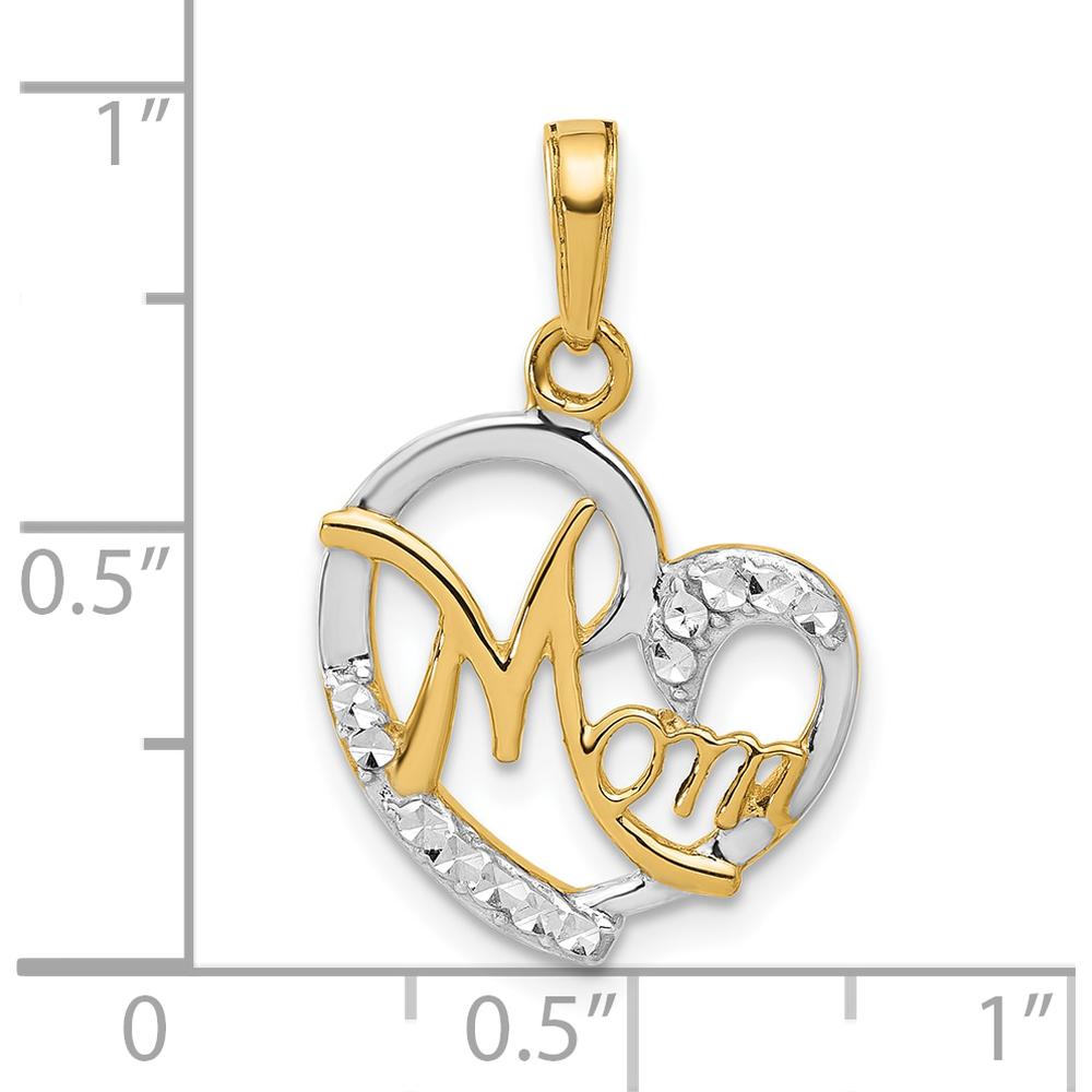 14K Yellow Gold and White Rhodium Diamond-Cut MOM Heart Pendant - 24.9mm Length by Oro Pregiato