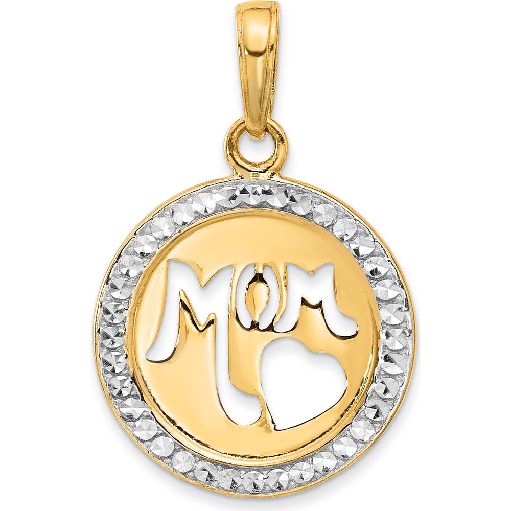 14K Yellow Gold and White Rhodium Diamond-Cut "MOM" Heart Pendant by Oro Pregiato