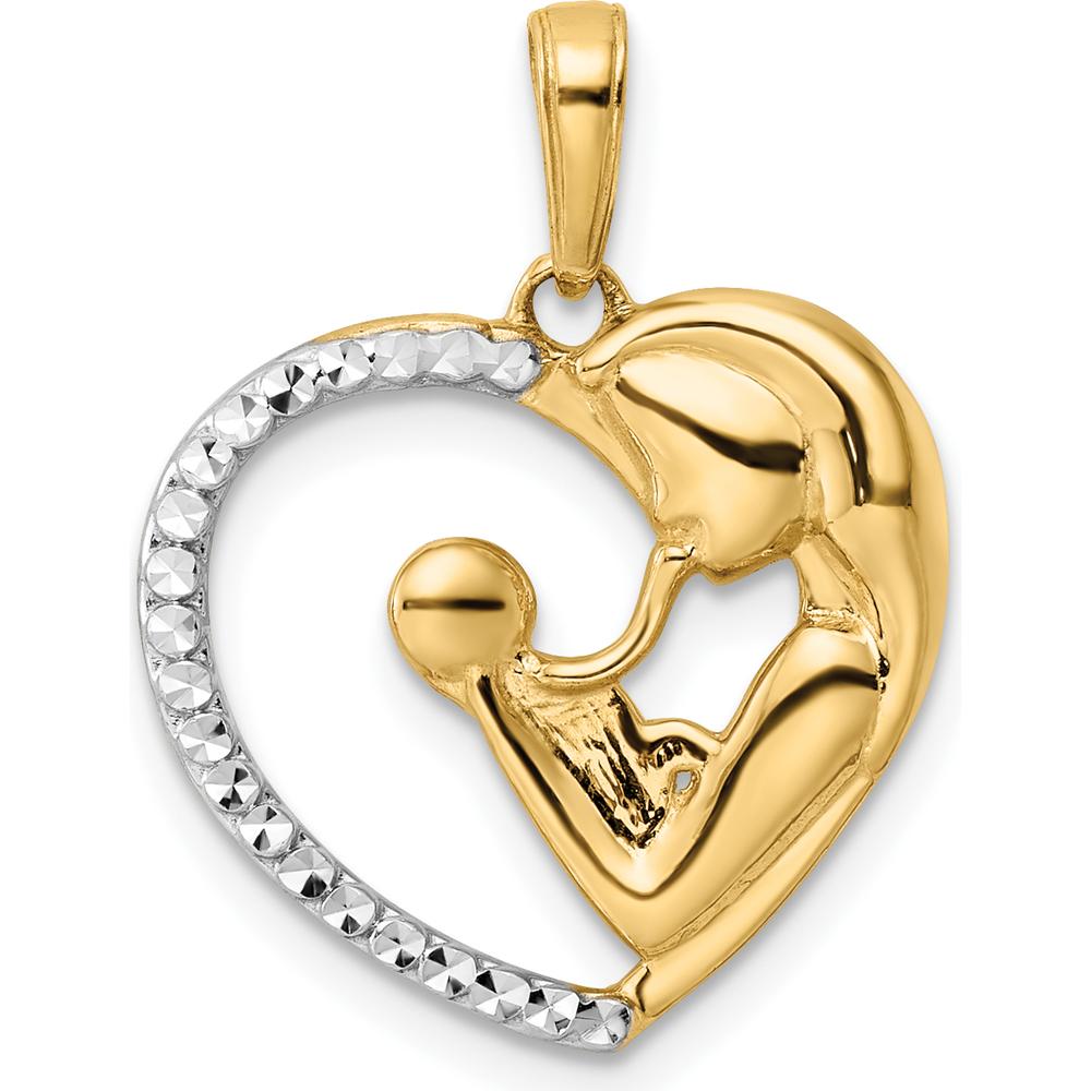14K Yellow Gold and White Rhodium Diamond-Cut Mother and Child Heart Pendant - 24.24mm Length by Oro Pregiato
