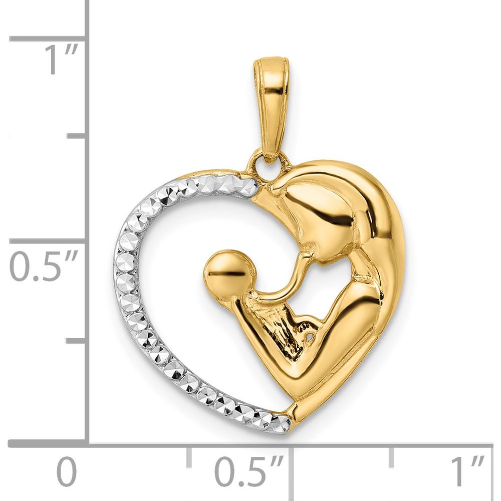 14K Yellow Gold and White Rhodium Diamond-Cut Mother and Child Heart Pendant - 24.24mm Length by Oro Pregiato