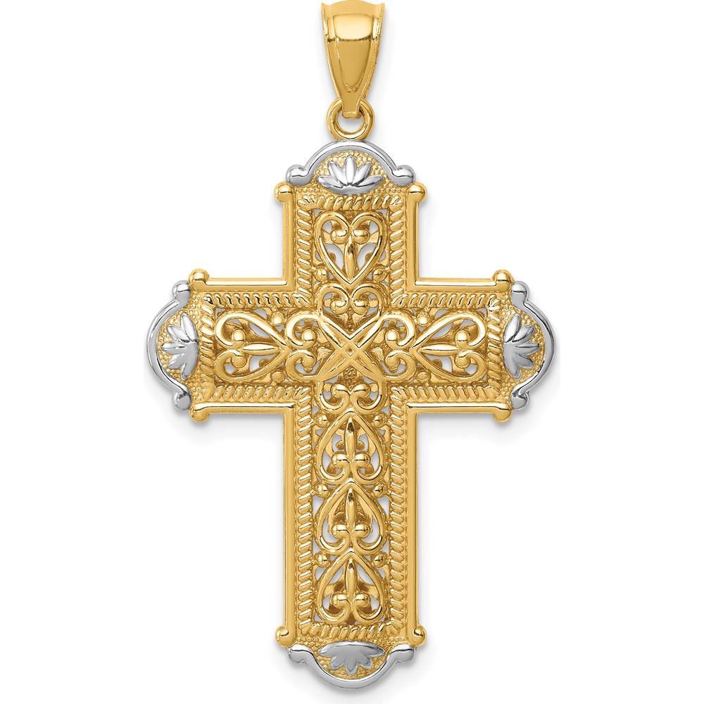 14K Yellow Gold and White Rhodium Diamond-Cut Reversible Cross Pendant - 38mm Length by Oro Pregiato
