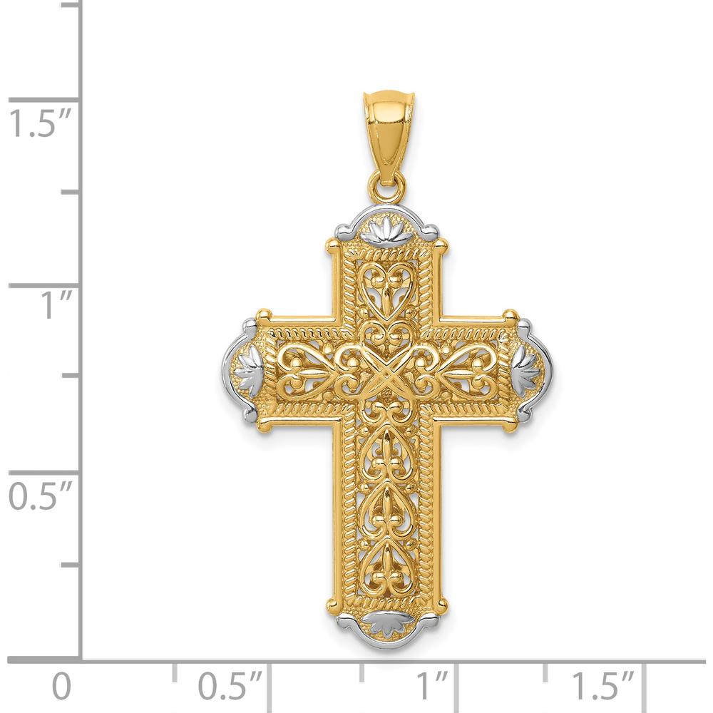 14K Yellow Gold and White Rhodium Diamond-Cut Reversible Cross Pendant - 38mm Length by Oro Pregiato