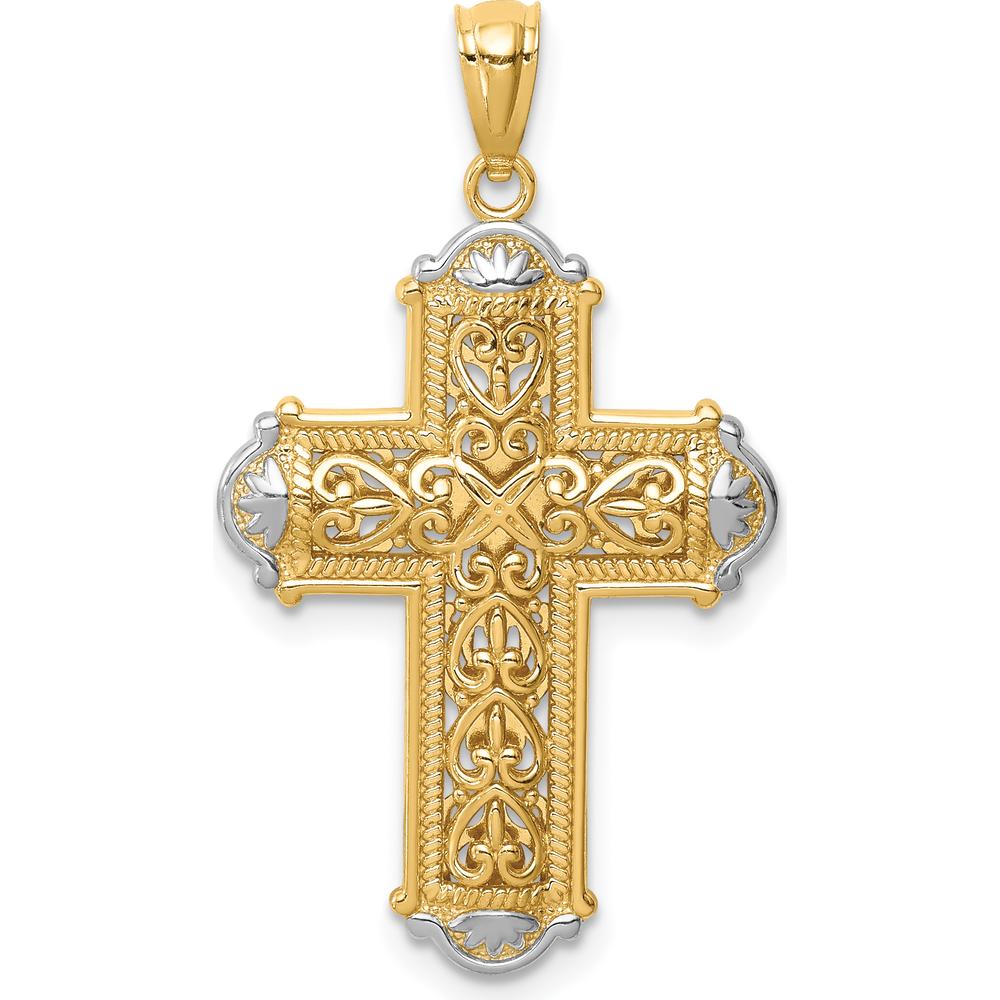 14K Yellow Gold and White Rhodium Diamond-Cut Reversible Cross Pendant by Oro Pregiato