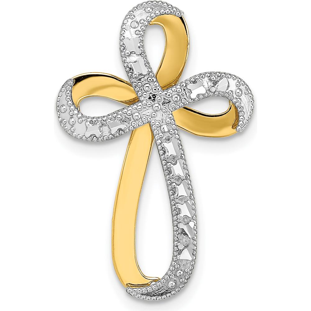 14K Yellow Gold and White Rhodium Diamond-Cut Ribbon Cross Charm - Polished Finish by Oro Pregiato
