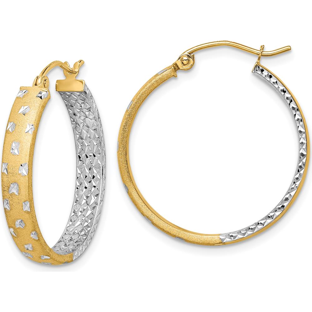 14K Yellow Gold and White Rhodium Diamond-Cut Satin In/Out Hoop Earrings - 25mm by 0