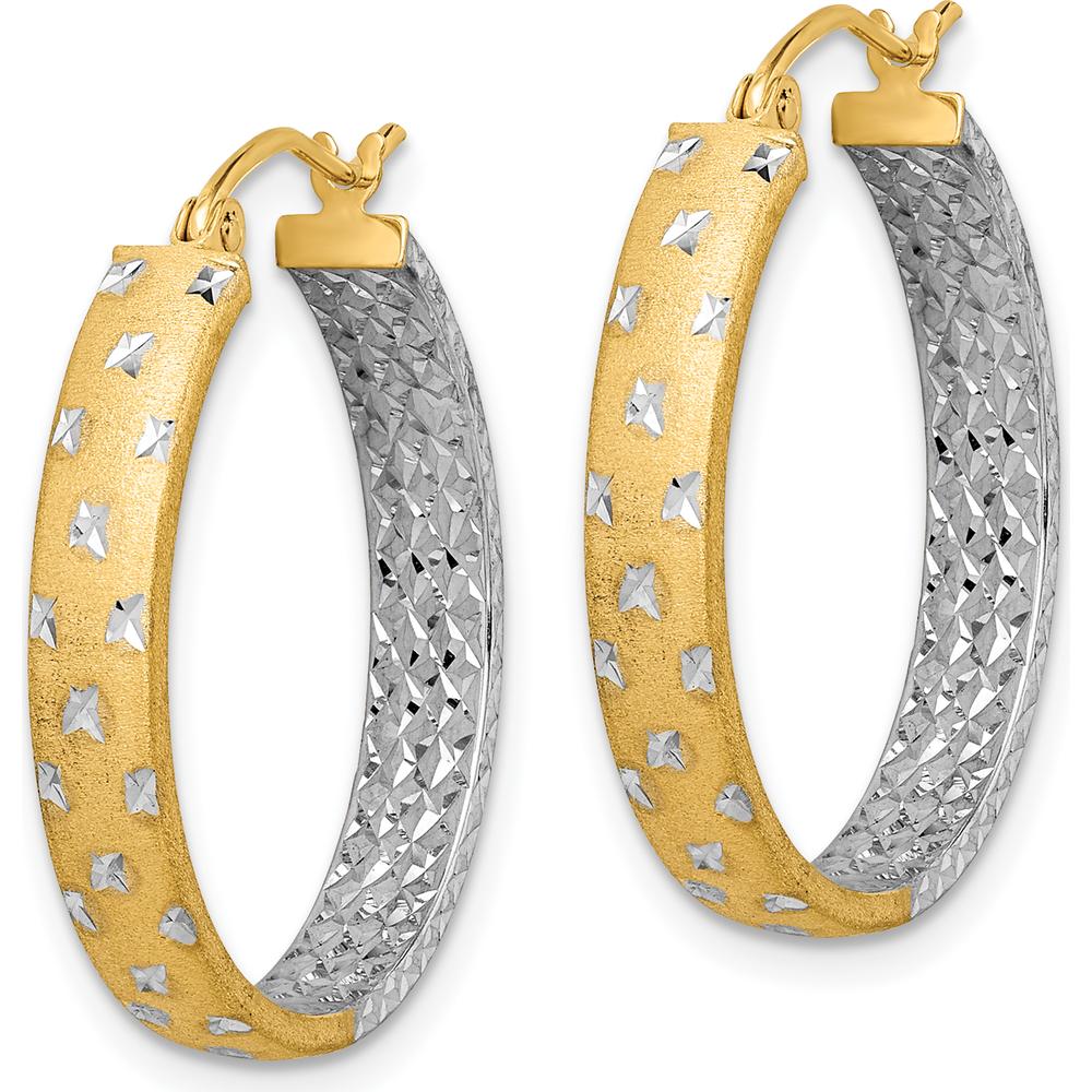 14K Yellow Gold and White Rhodium Diamond-Cut Satin In/Out Hoop Earrings - 25mm by 0