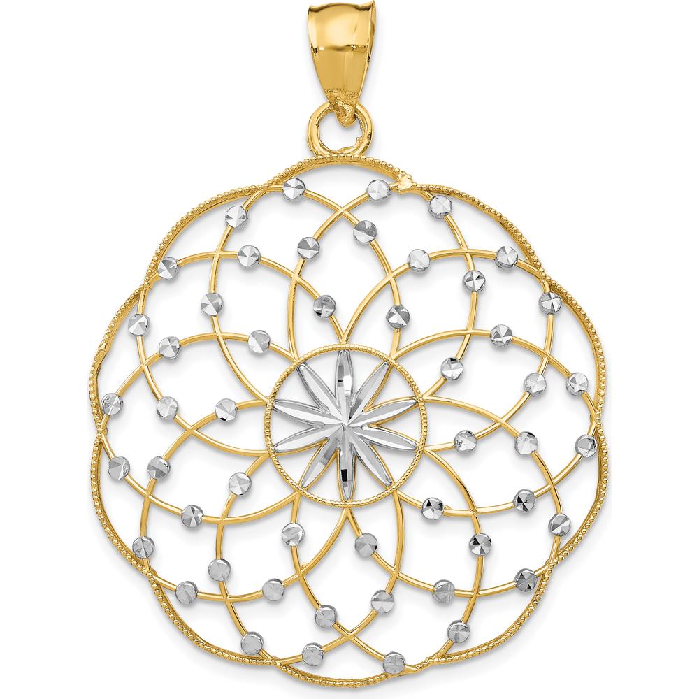 14K Yellow Gold and White Rhodium Diamond-Cut Spiral Circle Pendant - 50mm Length by Oro Pregiato