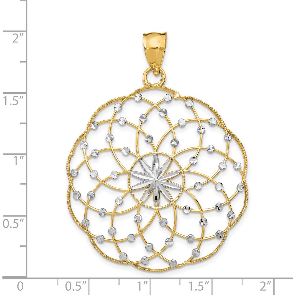 14K Yellow Gold and White Rhodium Diamond-Cut Spiral Circle Pendant - 50mm Length by Oro Pregiato