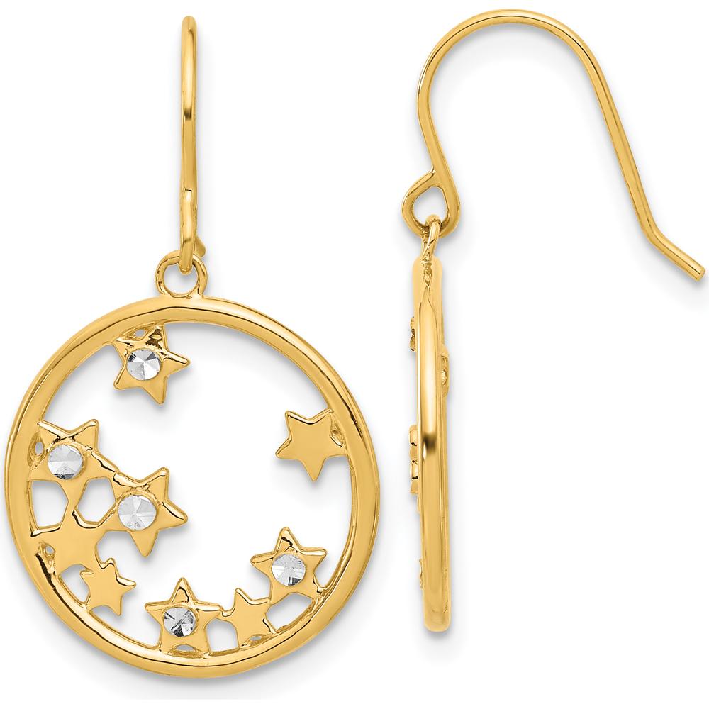 14K Yellow Gold and White Rhodium Diamond-Cut Stars in Circle Dangle Earrings by 0