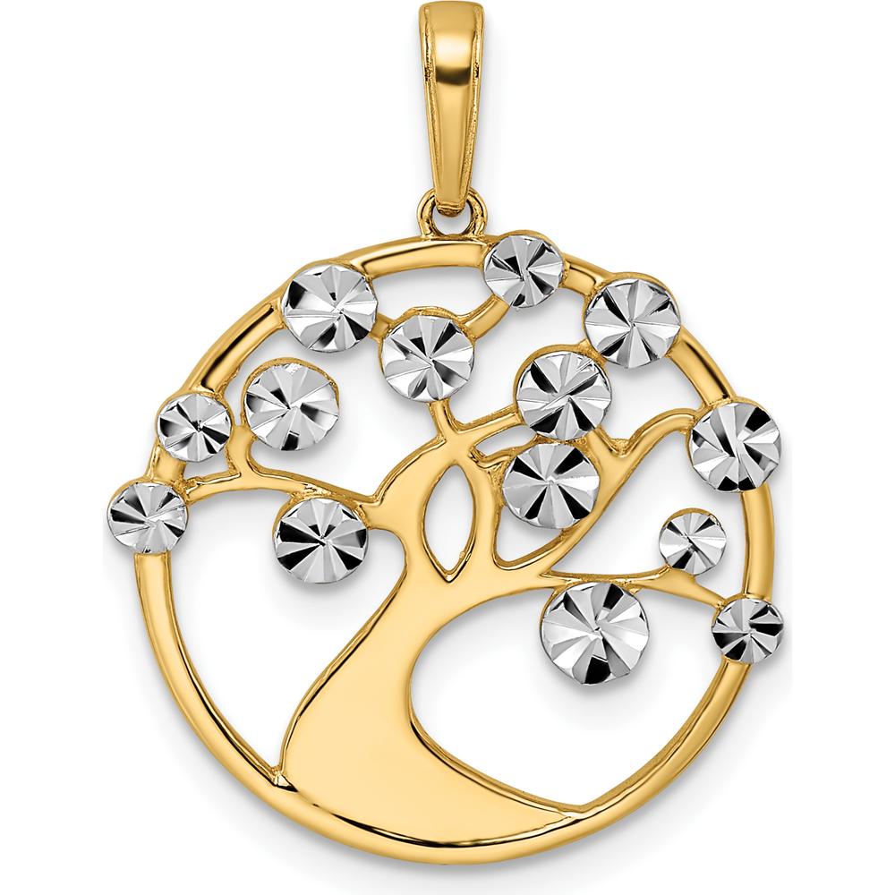 14K Yellow Gold and White Rhodium Diamond-Cut Tree of Life Pendant - 26.98mm Length by Oro Pregiato
