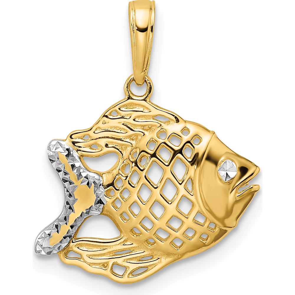 14K Yellow Gold and White Rhodium Diamond-Cut Tropical Fish Pendant - Polished Finish by Oro Pregiato