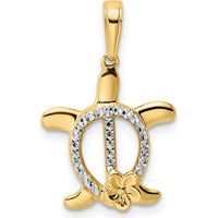 14K Yellow Gold and White Rhodium Diamond-Cut Turtle Pendant with Flower Accent by Oro Pregiato