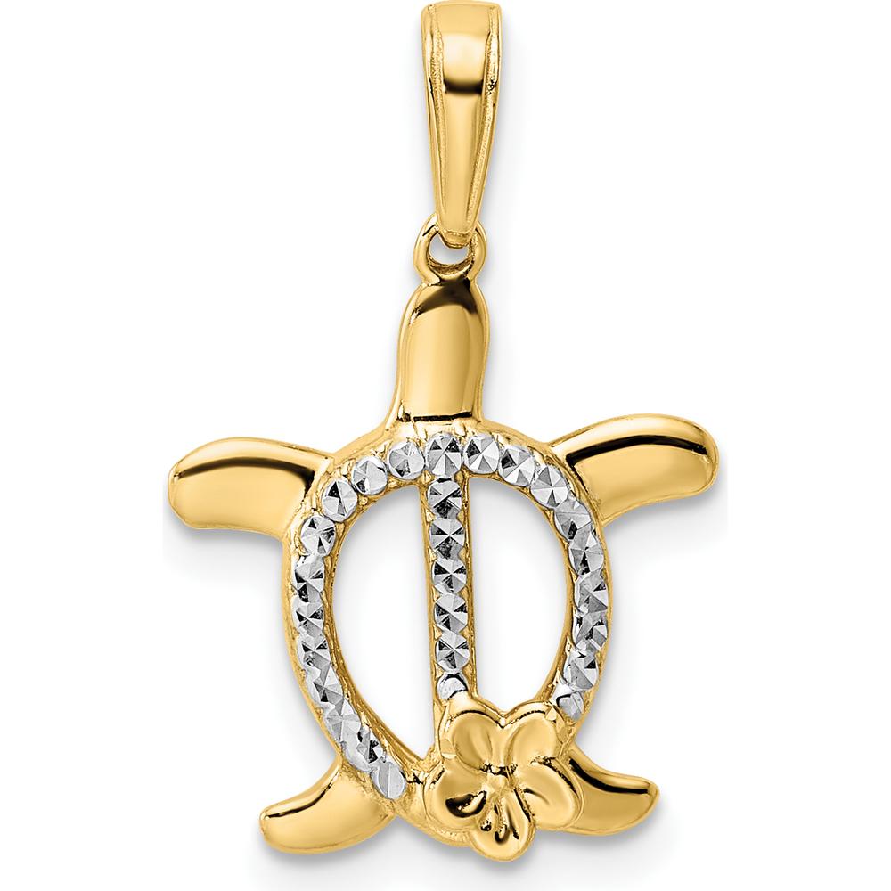 14K Yellow Gold and White Rhodium Diamond-Cut Turtle Pendant with Flower Accent by Oro Pregiato